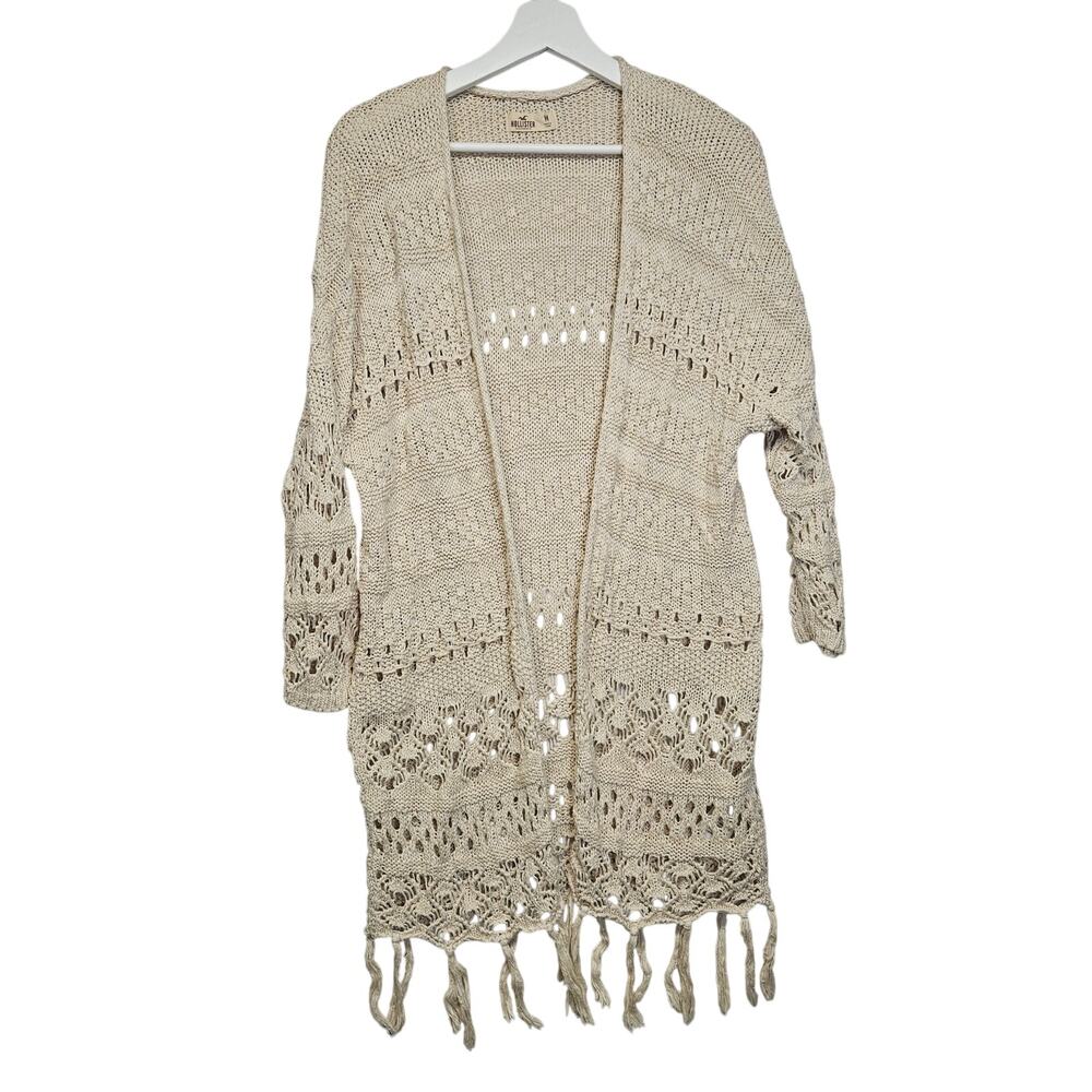 Hollister Women's Beige Knit Open Front Fringe Cardigan Sweater